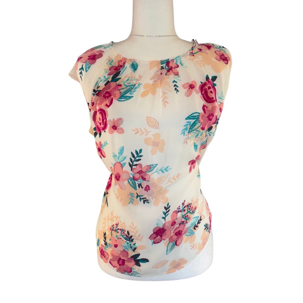 Lauren Conrad Bright Pink & Green Floral Print Flutter Sleeve Blouse Size XL